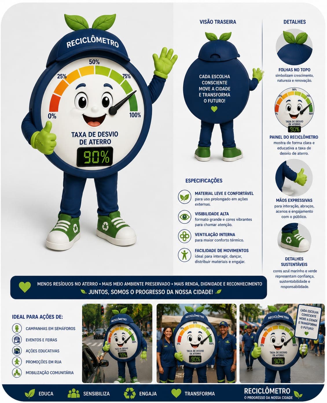 Reci, mascote oficial do Reciclômetro — visão frontal, traseira, detalhes e exemplos de aplicação